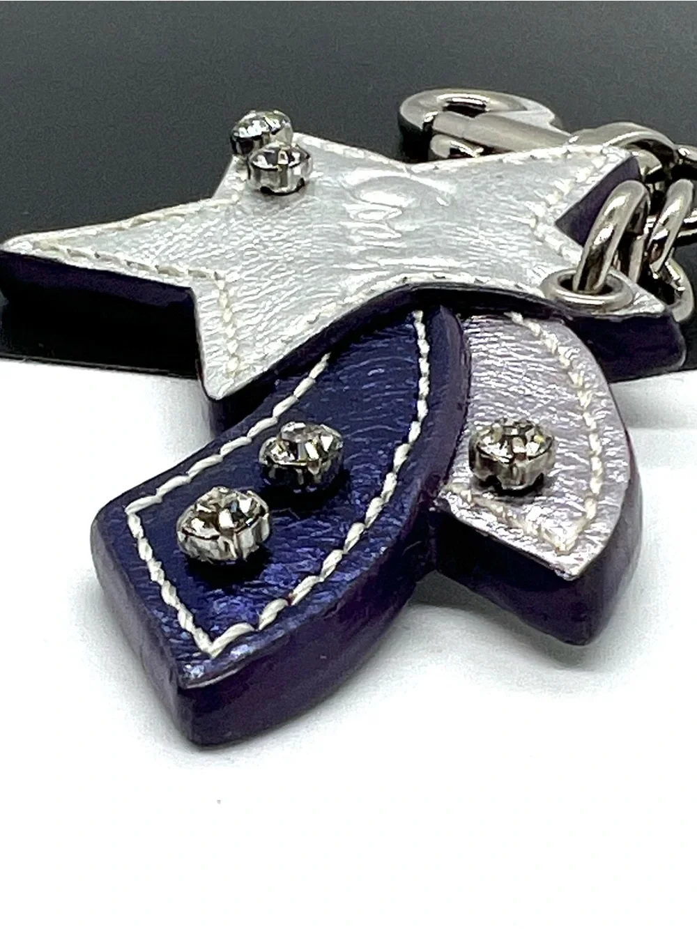 Authentic Coach Shooting Star Metallic Leather Rhinestone Bag Charm Keychain
